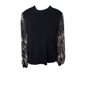 89th & Madison Black Knit Top W/ Sheer Floral Sleeves Size PL